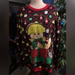 EUC Hilarious Cranky Cat Xmas Sweater with Red and Green Accents